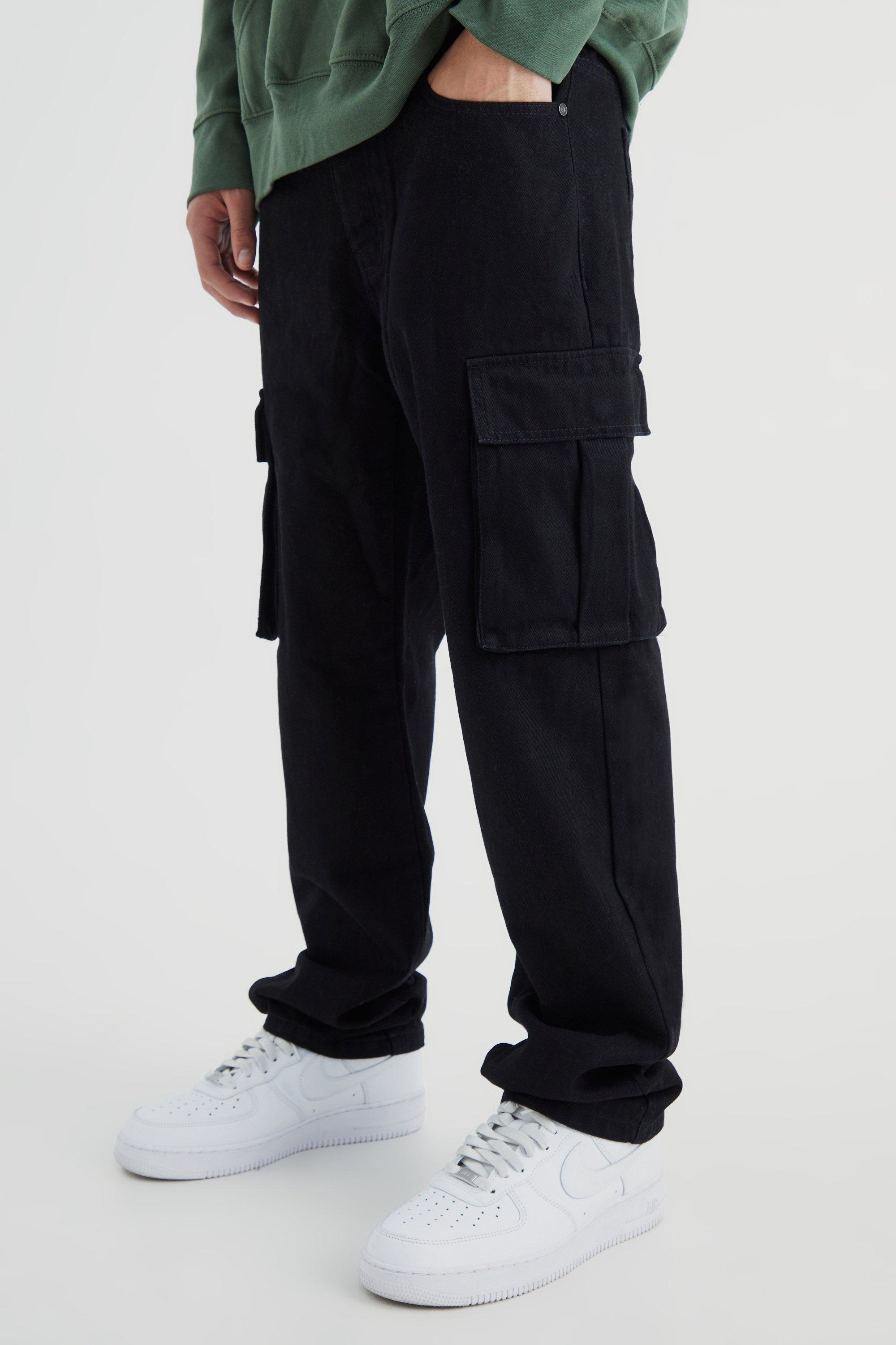 Mens Black Relaxed Rigid Cargo Jeans, Black